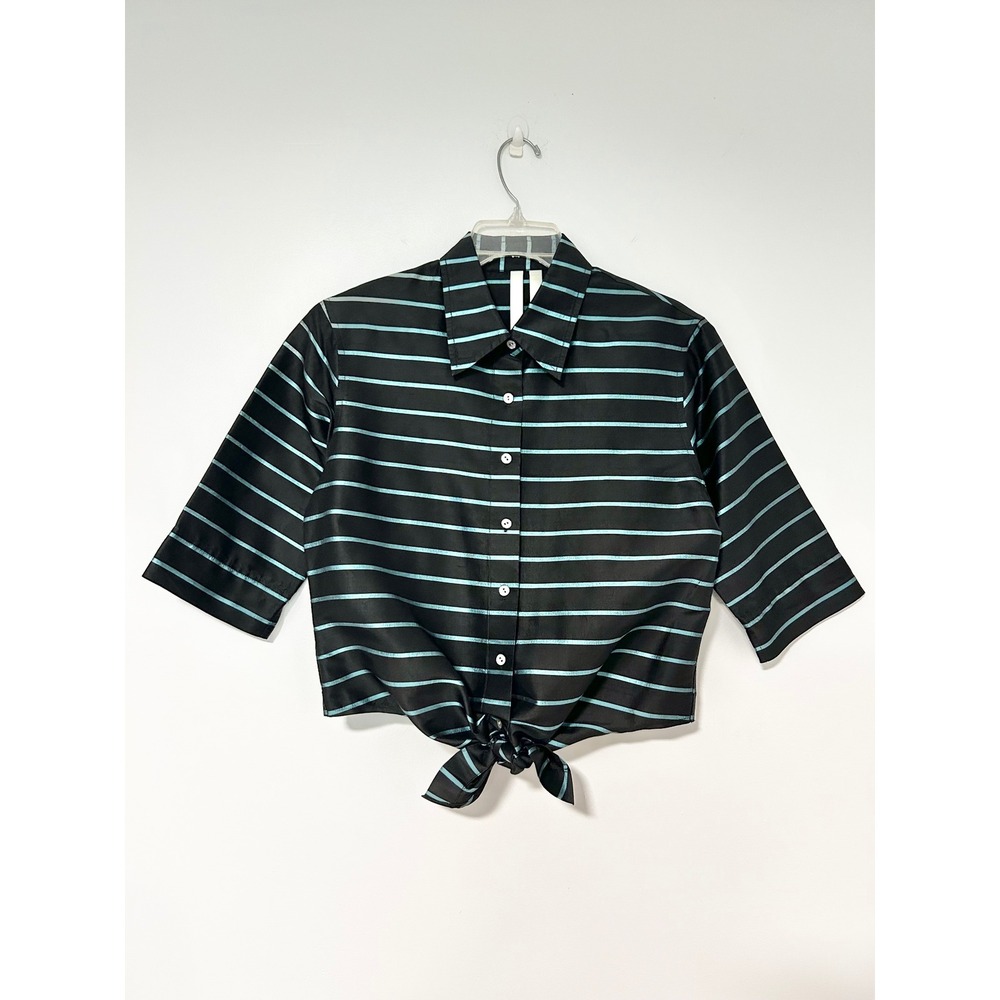 Debra DeRoo Silk Striped Tie Front Button Down Top Black Teal Petite P